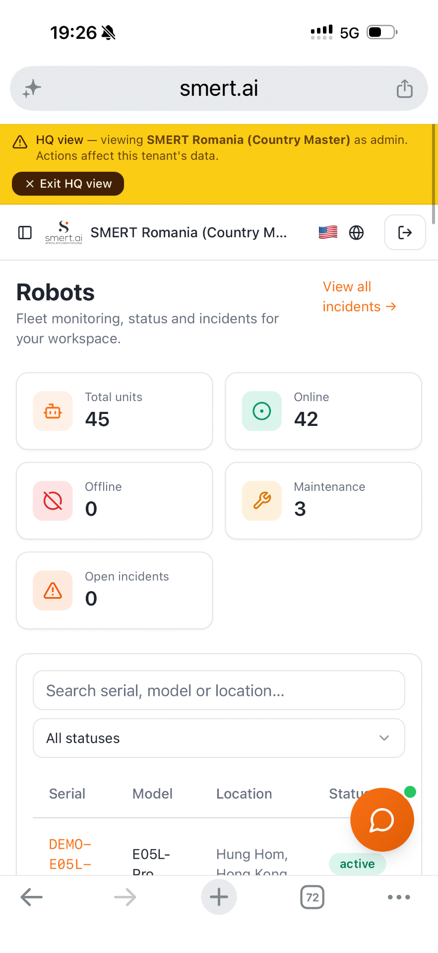 smert.ai portal robot fleet on mobile