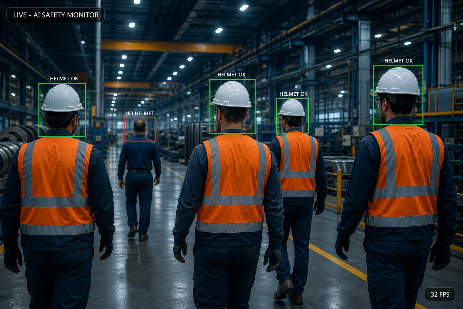 AI computer vision detecting PPE compliance on a construction site